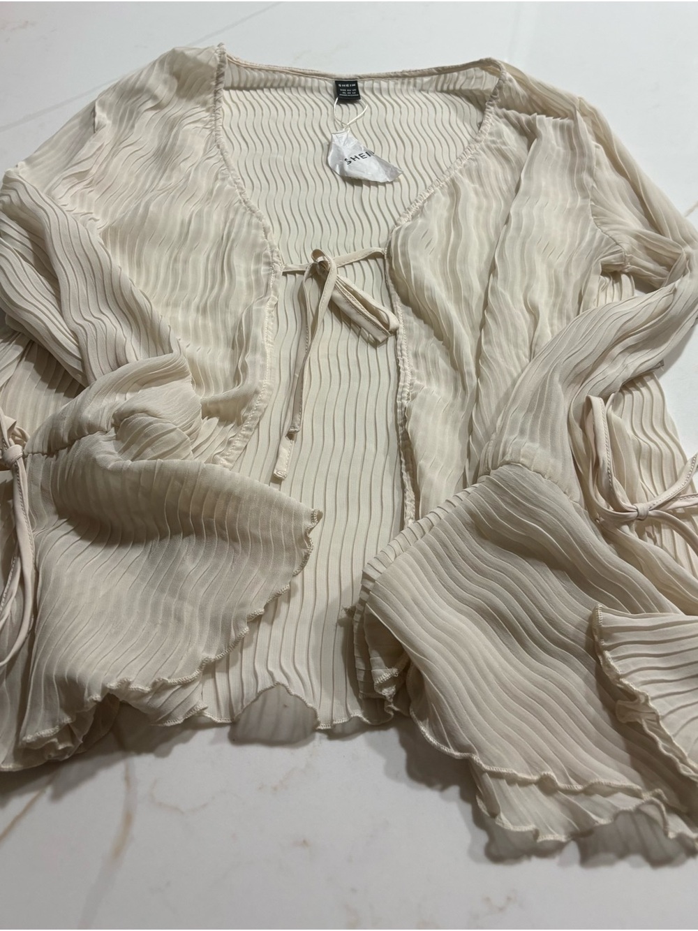 SHEIN Cream Sheer Pleated Tie-Front Ruffle Blouse